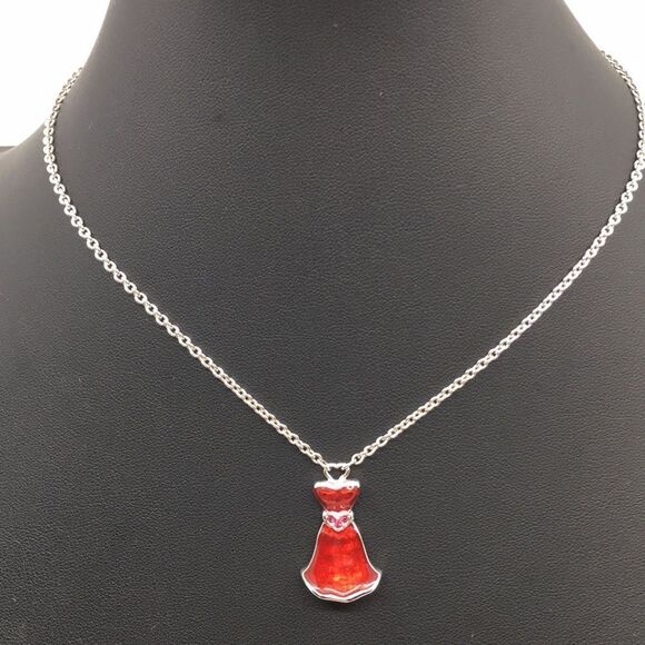 Swarovski Red Enamel Dress Pendant Silver Tone Necklace - Picture 3 of 16